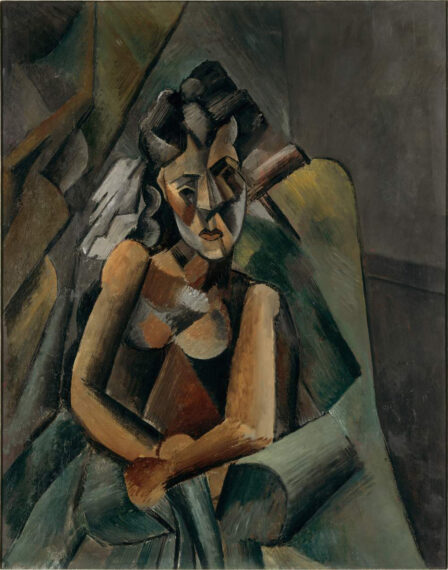 This is a cubist-style painting of a person sitting with their arms crossed. The artwork features geometric shapes and angular forms to depict the figure, using shades of brown, green, and gray.