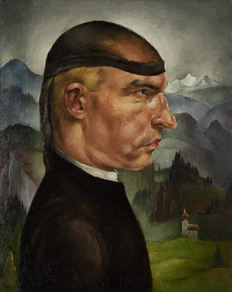 painting of a man shown in profile view, facing to the right. He is depicted with a prominent nose and stern expression. His hair is partially shaved, revealing a receding hairline, and he wears a dark headband. The background features rolling hills, tall trees, and mountains.