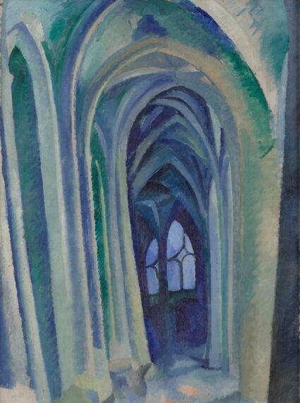 Abstract painting of arches in blue and green tones.