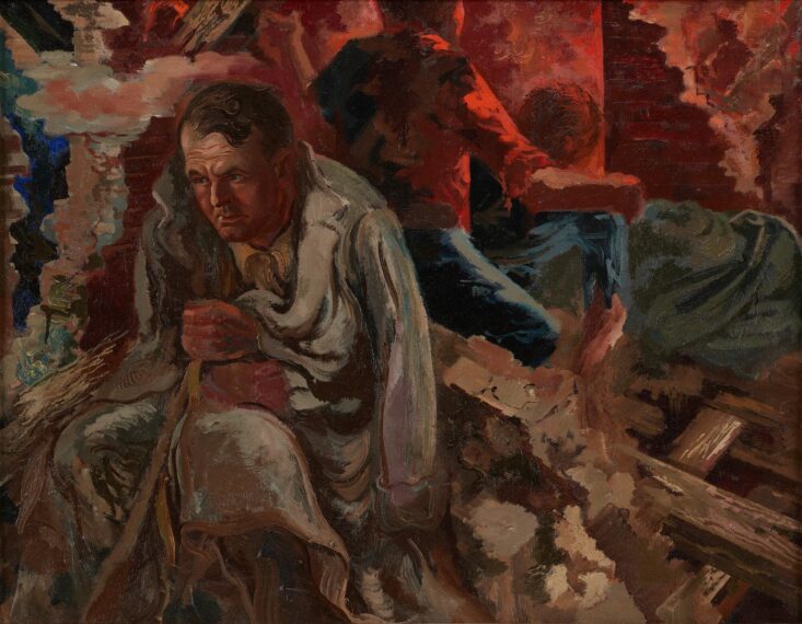 A man sitting with a contemplative expression, wrapped in a loose, tattered blanket. The scene is chaotic, with rough brushstrokes and a blend of dark and vibrant colors, primarily reds, browns, and blues.