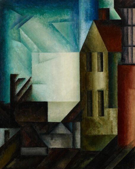 Cubist painting of abstract buildings with dark and light geometric shapes.