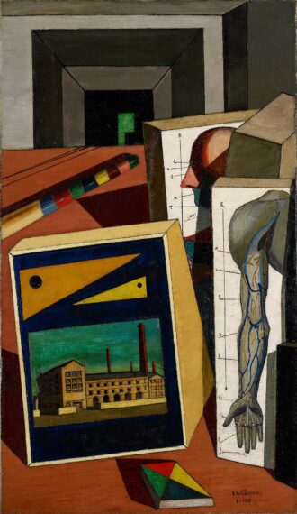 Abstract scene with geometric objects and architectural imagery.