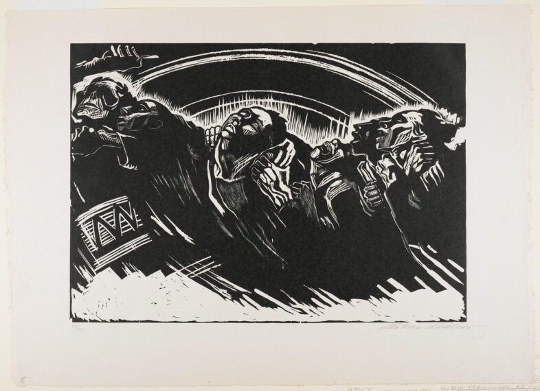 Abstract black and white illustration of five figures with expressive faces.