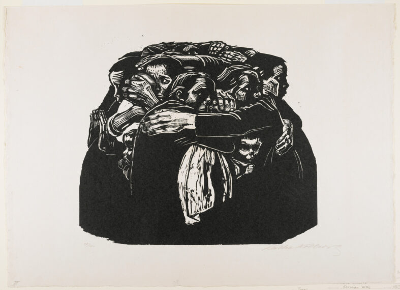 Woodcut showing a group of people tightly hugging each other.