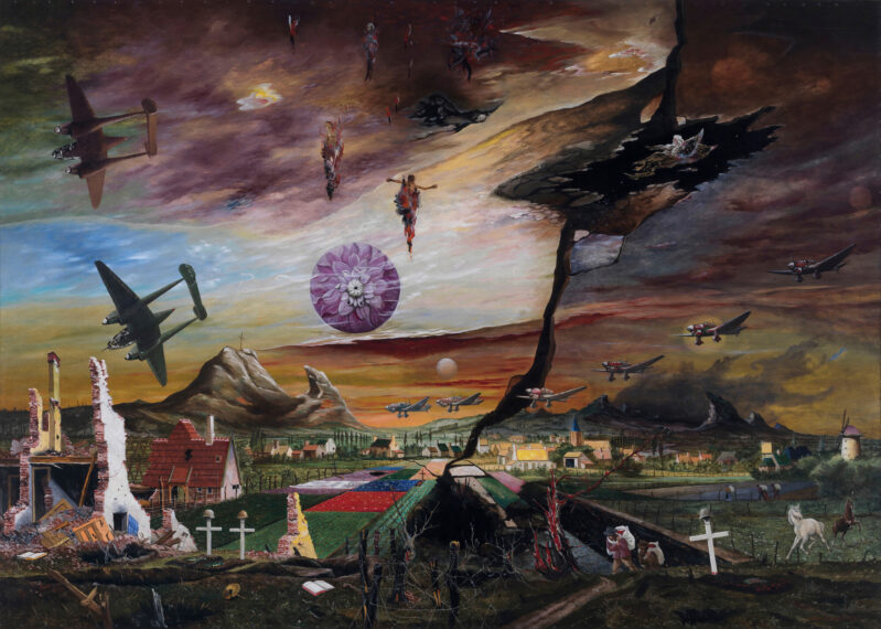 Surreal landscape with planes, floating figures, and a cracked sky.