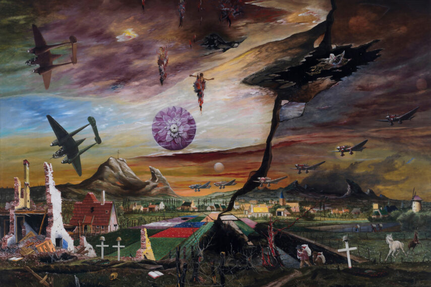 Surreal landscape with planes, floating figures, and a cracked sky.