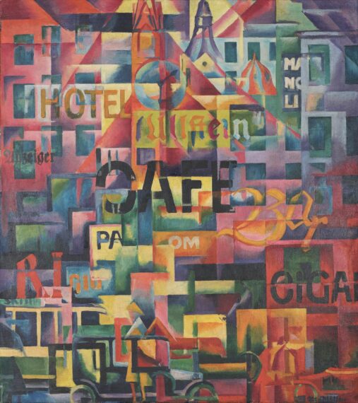 This abstract image displays a vibrantly colored composition filled with geometric shapes in hues of red, yellow, blue, green, and purple.