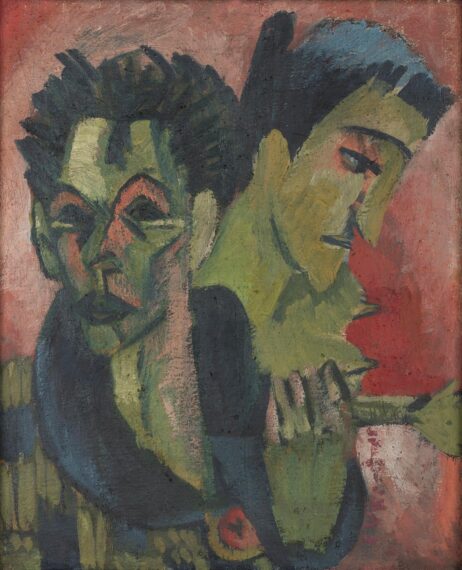 The image is an abstract painting featuring two faces. Both faces are painted with bold, contrasting colors, mainly greens. The left face is angular and sharp, with exaggerated eyes and cheekbones, while the right face is more rounded, turned in profile.
