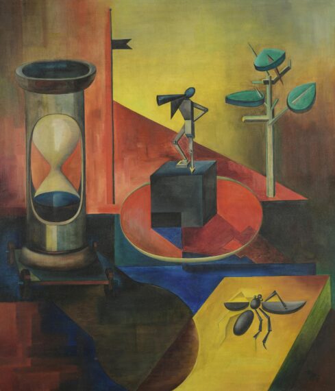 Abstract painting with geometric shapes and a large insect.