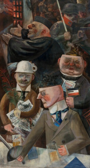 Surreal painting depicting distorted figures and objects.