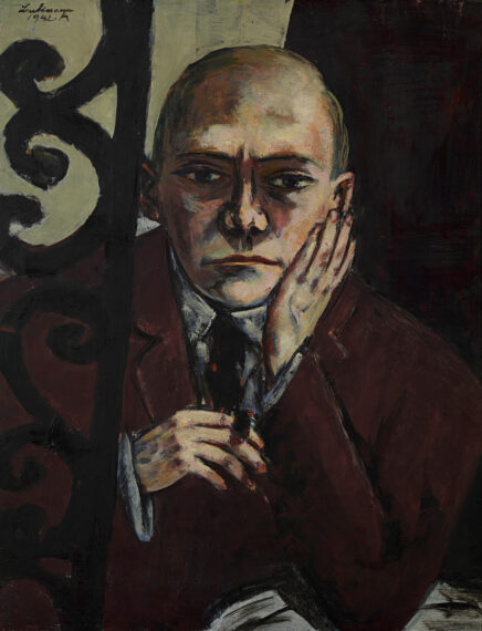Painting of a person with a bald head, wearing a dark suit jacket over a white shirt with a patterned tie. The individual has a contemplative expression, resting their head on their hand, with fingers lightly touching the cheek.