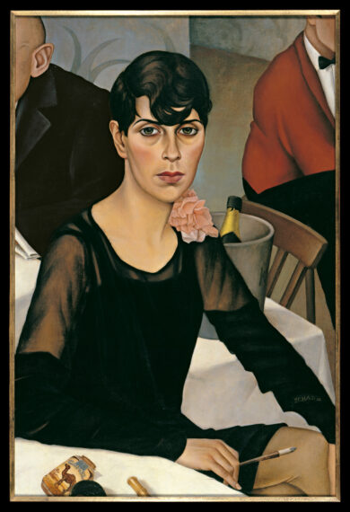 Painting of a woman with black-brown bobbed hair and curls falling over her forehead wearing a black dress and holding a cigarette seated at a table in a nightclub setting with two men behind her and a champagne chiller holding an opened bottle of champagne