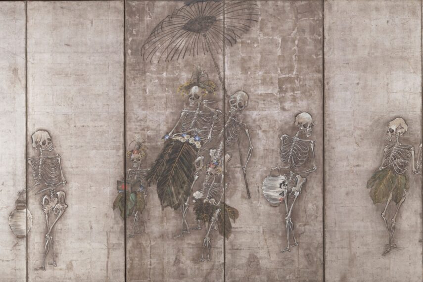 Skeletons with plants and lanterns on a textured background.