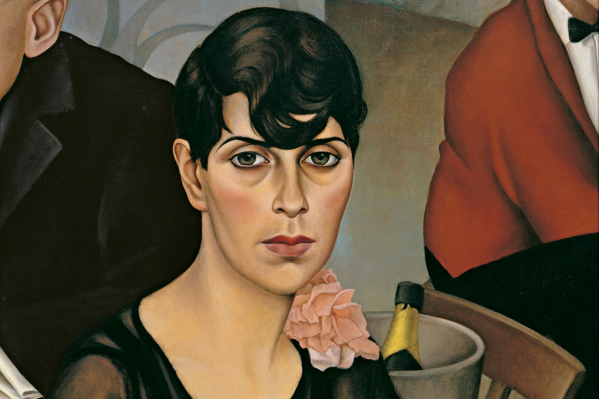 Painting of a woman with black-brown bobbed hair and curls falling over her forehead wearing a black dress and holding a cigarette seated at a table in a nightclub setting with two men behind her and a champagne chiller holding an opened bottle of champagne