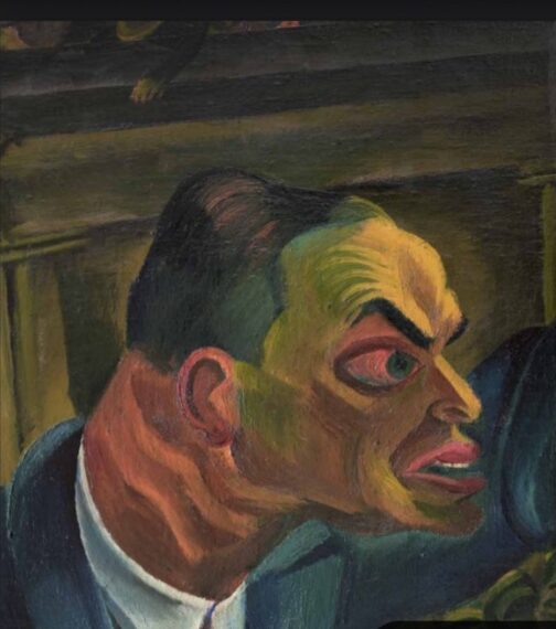 The painting depicts the face of a man dressed in a dark suit as if addressing an audience. The expression on his face is intense with wide eyes and open mouth.