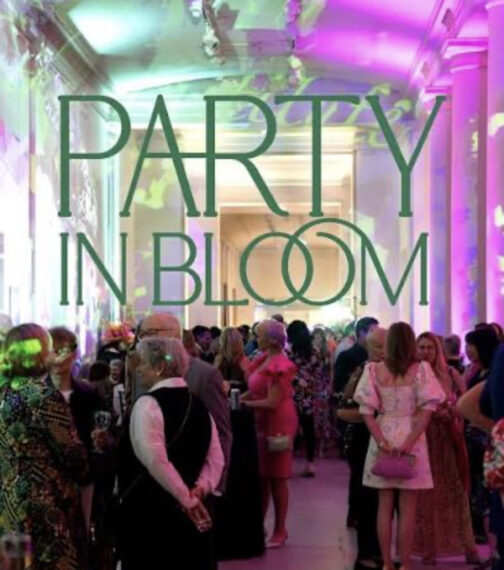Photo of people in cocktail attire in a gallery with the word Party in Bloom overlaid