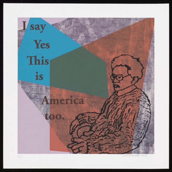 Print that says "I say Yes This is America too." There's a sketch of a person wearing glasses and the background is geometric shapes in purple, blue, red, and green