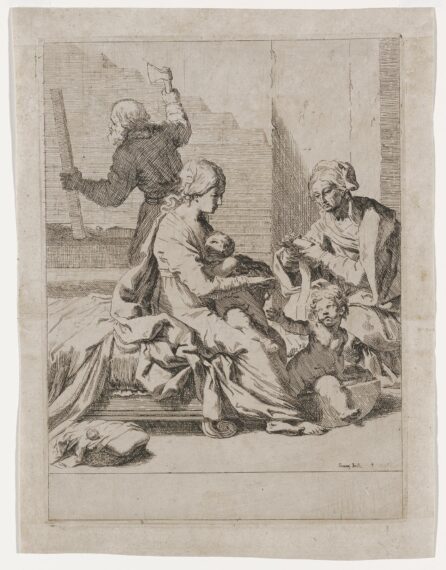 In this sober scene of the Holy Family, several elements foreshadow the fate of Mary and her son. She sits on a bed, a piece of furniture closely associated with images of her death. Joseph’s woodworking may allude to the cross, and the cloth being rolled by Elizabeth to Christ’s entombment.