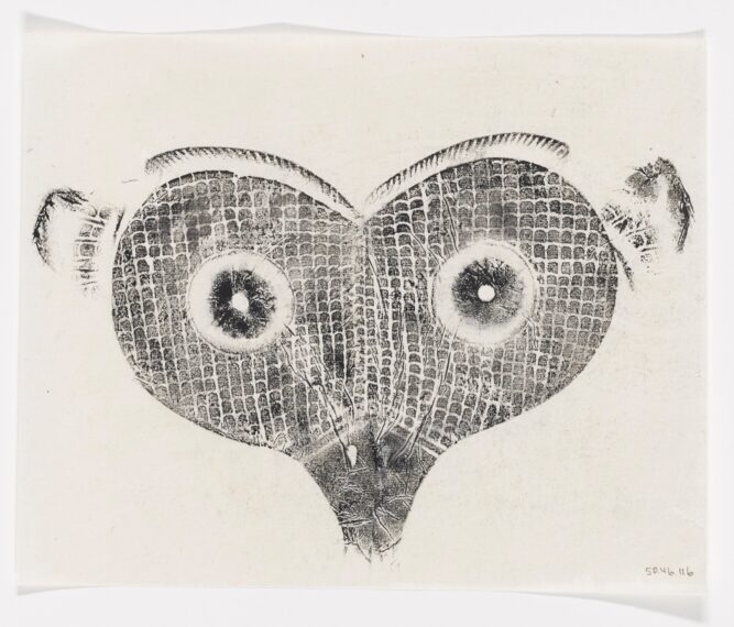 Abstract black ink pattern resembling an owl's face.