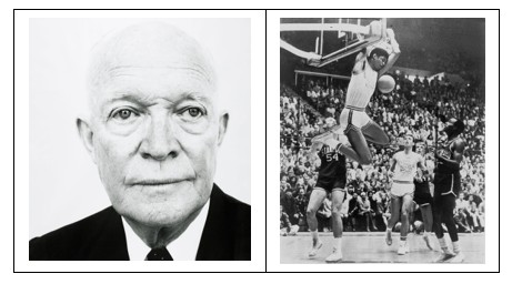 Black and white photos of an older man and a basketball game.