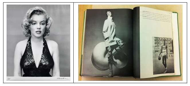 The image consists of two sections. On the left is a black-and-white photo of a woman with shoulder-length curly hair, wearing a sequined halter dress. On the right is an open magazine displaying two black-and-white photographs. 