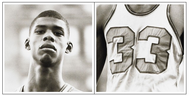 Close-up of a young man's face and separate image of a sports jersey with number 33.