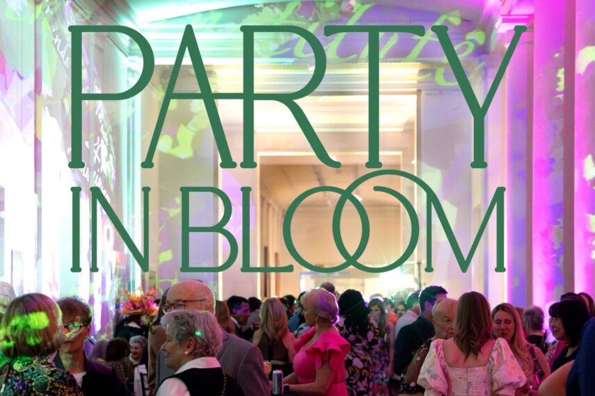 Photo of people in cocktail attire in a gallery with the word Party in Bloom overlaid