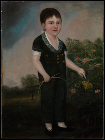 Painting of a young child standing outdoors in a grassy area, surrounded by greenery. The child is wearing a dark-colored, knee-length outfit with a light collar, and holds a simple wooden bow.