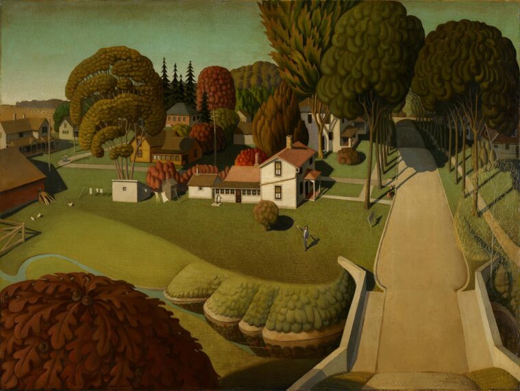 Landscape painting with houses, trees, and a wide, tree-lined road.