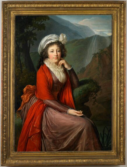 The painting depicts a woman seated in front of a natural landscape. She wears an elaborate hairstyle with a light, sheer head wrap adorned with a flower. Her outfit includes a red shawl draped over a brown dress with intricate details