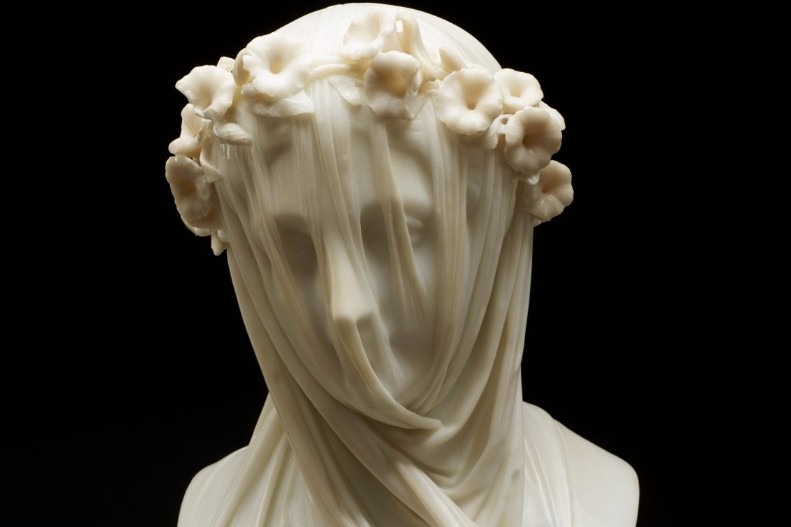 Close-up view of Raffaelle Monti's veiled lady sculpture.