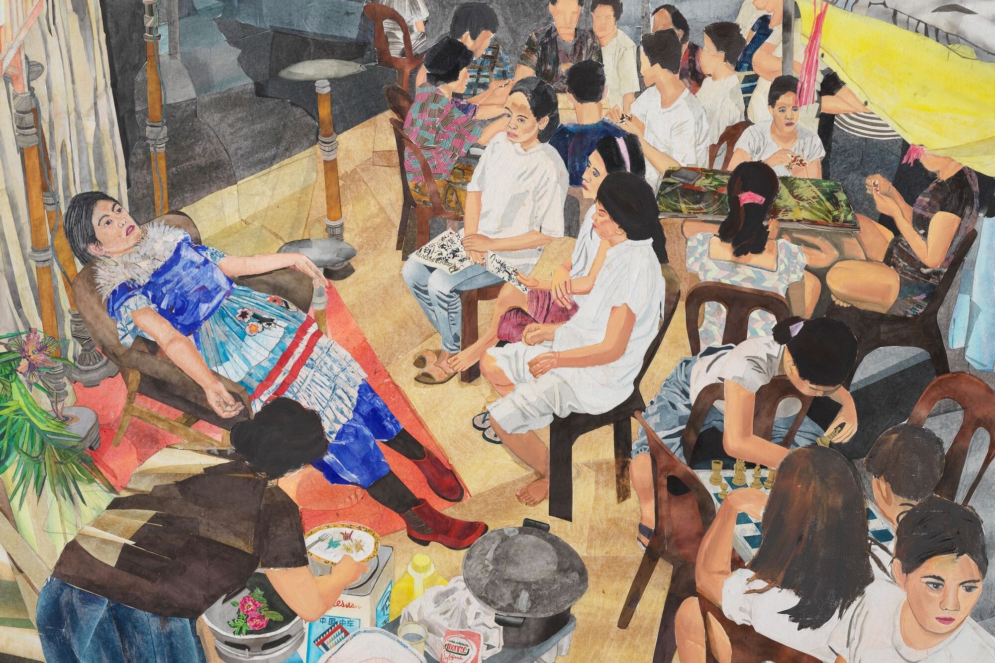 Painting of group of people gathered indoors, seated on chairs arranged in a circle. In the foreground, a person in a blue dress with intricate patterns and a fur collar lies back on an armchair, eyes open. To the left, a person bends over a container, preparing something. Several other individuals sit closely together, some holding papers and others interacting or playing games.