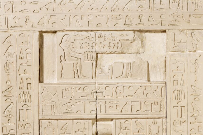 Ancient Egyptian wall with hieroglyphics and carved figures.