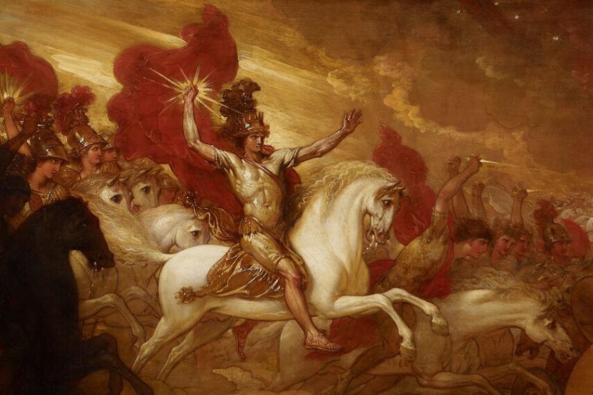 Painting of a battle scene with the main focus being a knight with his arm raised on a white horse charging into battle.