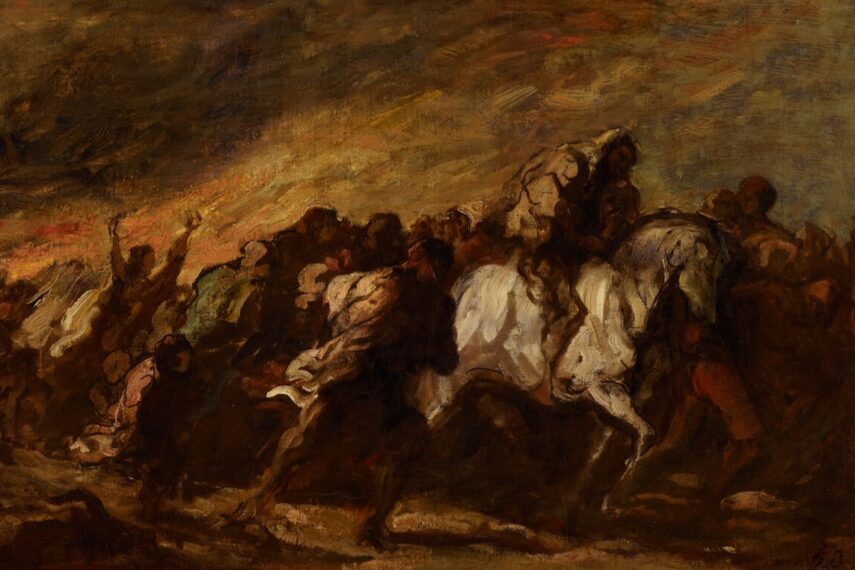 Painting of a chaotic scene with people and horses in warm colors.