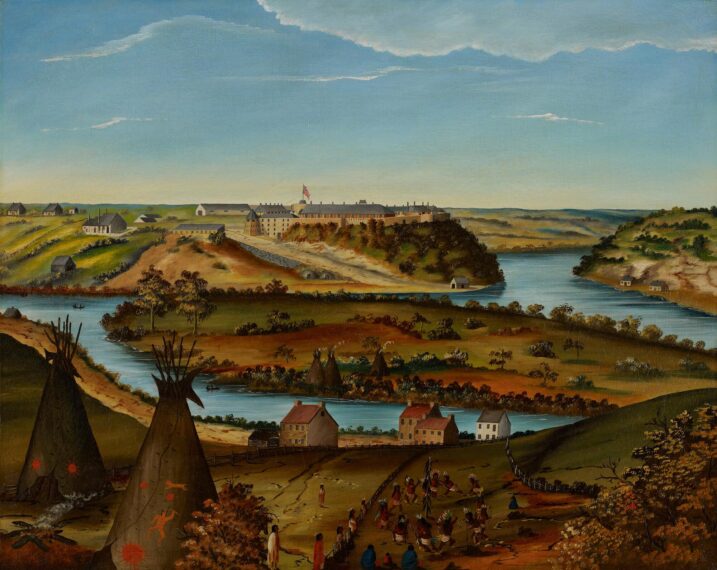 Landscape painting with river, fort, tipis, houses, and people.