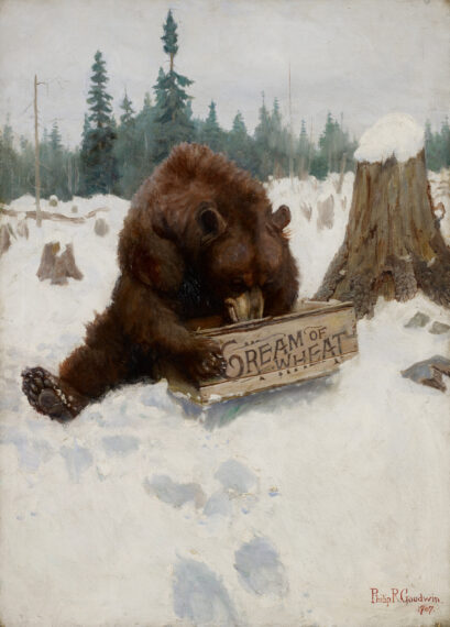 Bear holding a box labeled Cream of Wheat in a snowy forest.