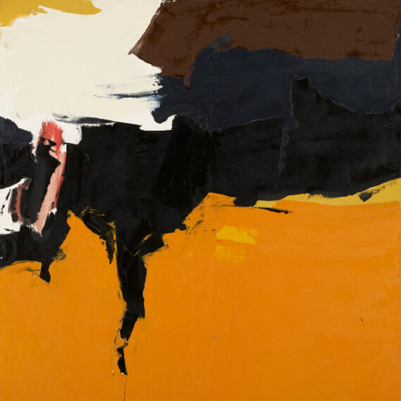 Abstract painting with bold brushstrokes and colors of orange, black, and brown