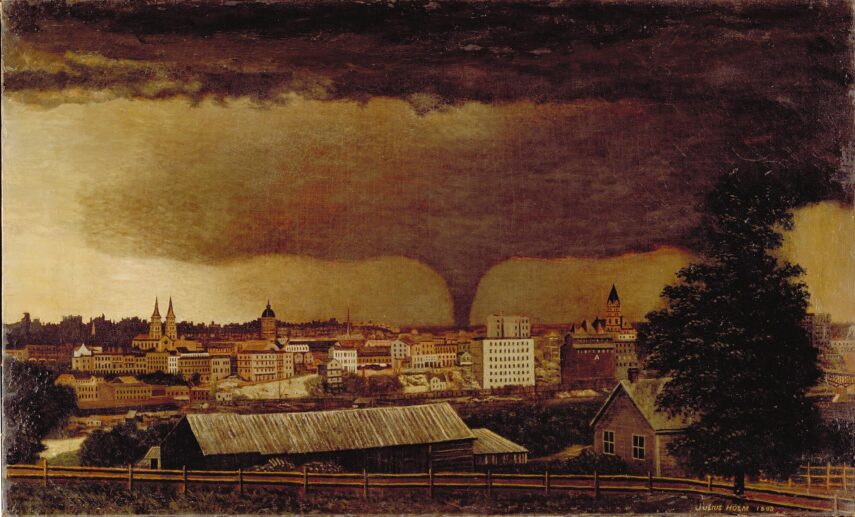 Landscape painting of a tornado over St. Paul, Minnesota.