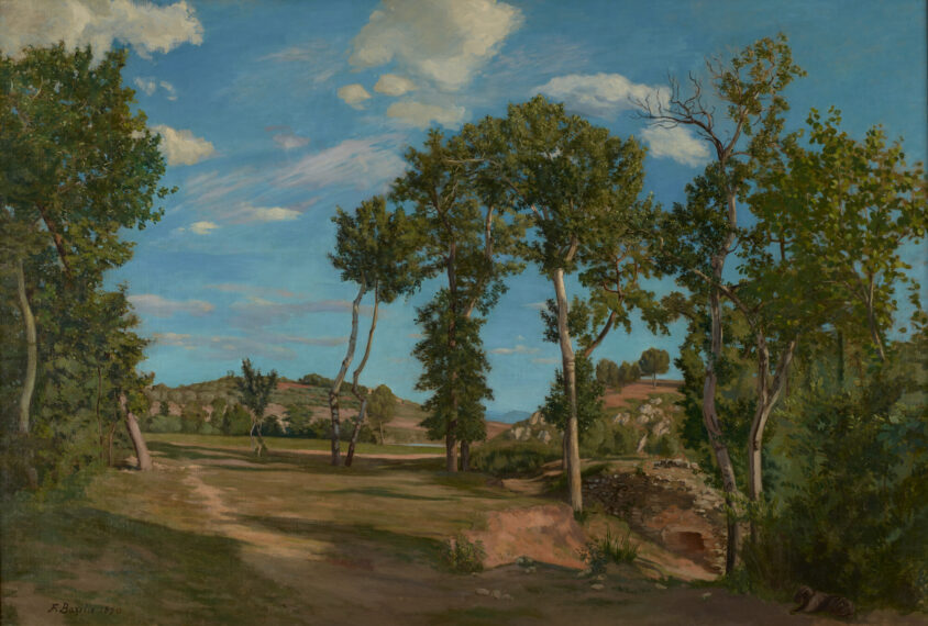 Landscape painting with trees, blue sky, and scattered clouds.