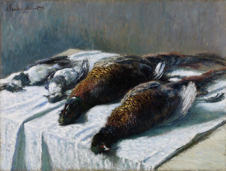Painting of four dead game birds lying on a white tablecloth.