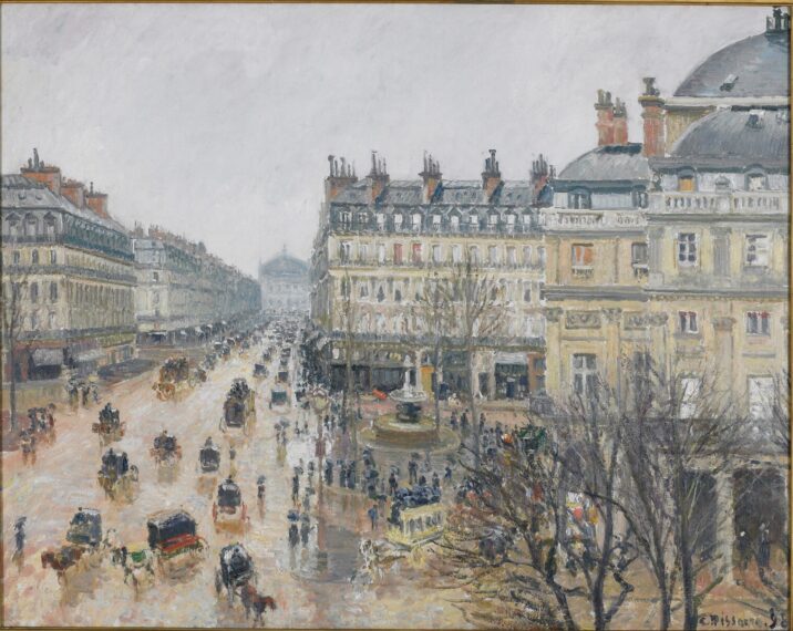 Painting of a busy Parisian scene with horse-drawn carriages and ornate buildings.