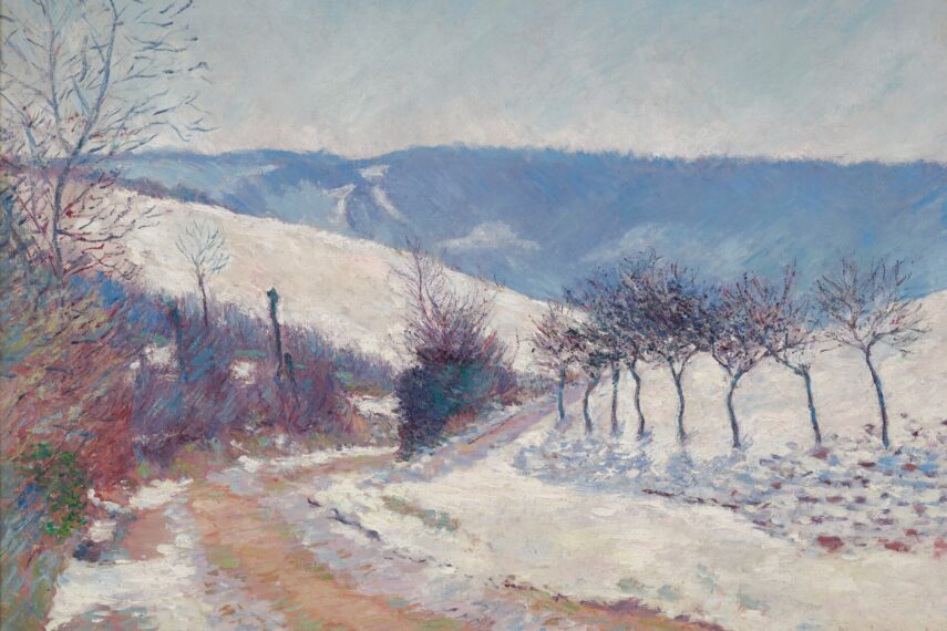 abstract painting of a snowy landscape with a slightly cleared roadway and bare trees on the edge