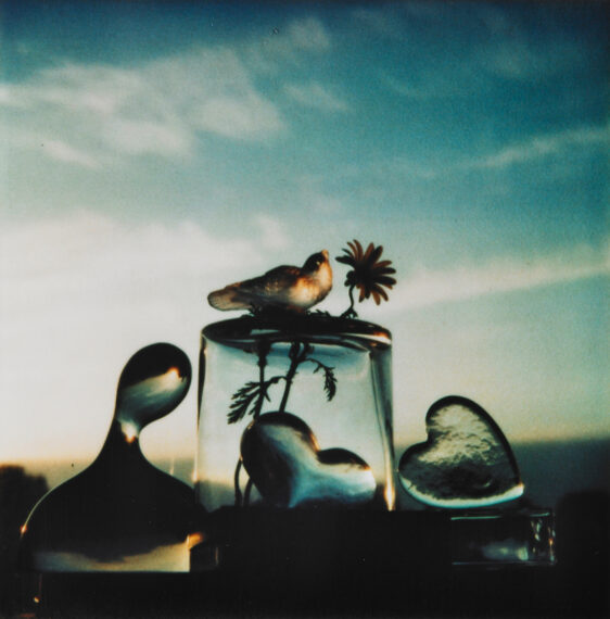 Photograph of a ceramic bird sitting on a glass stand, with what appears to be a flower beside it. There are heart-shaped and abstract glass objects around the bird.