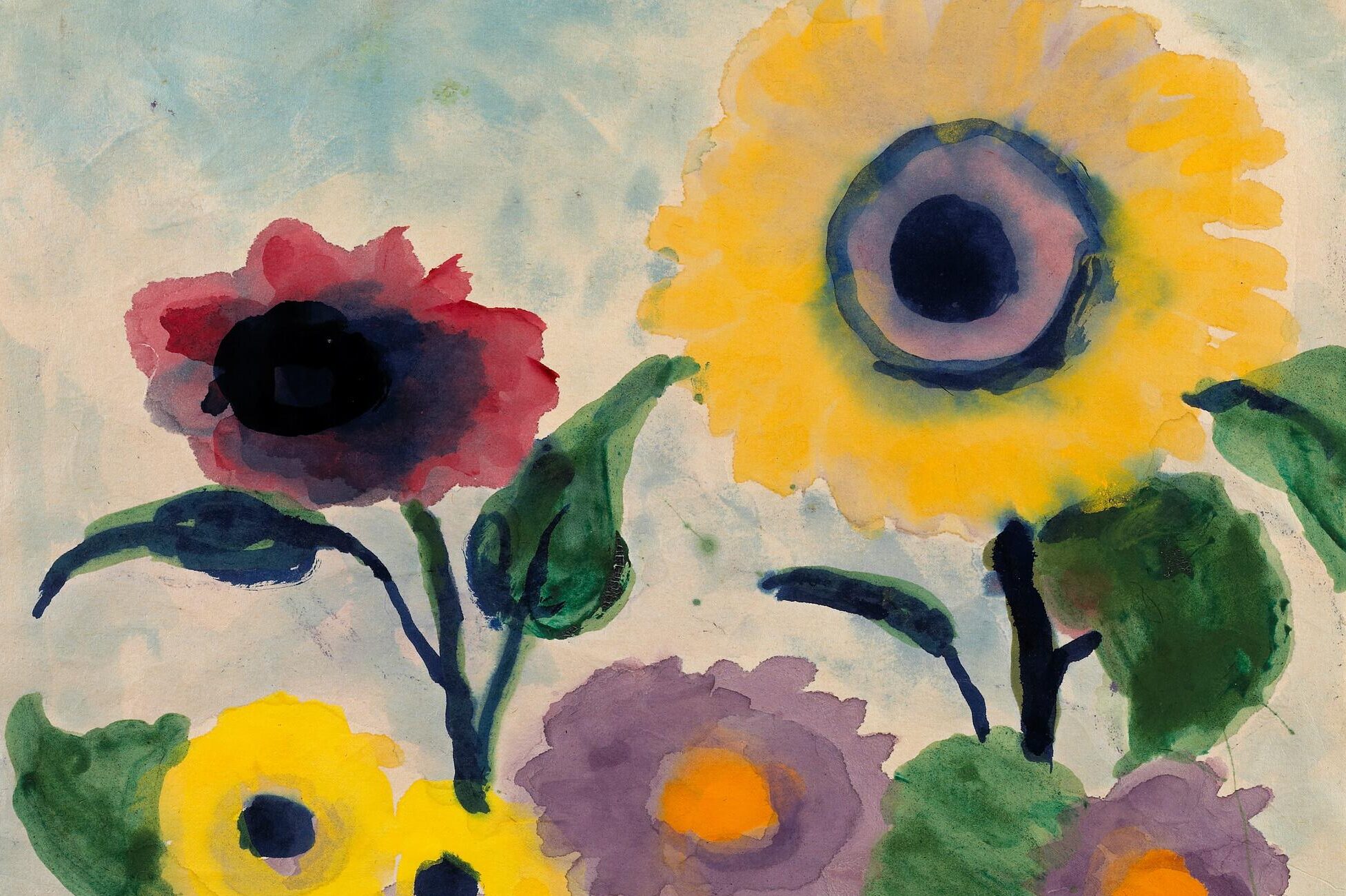 Colorful watercolor painting of various flowers.