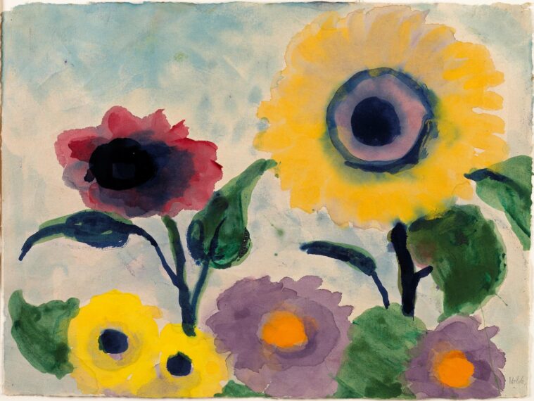 Colorful watercolor painting of various flowers.