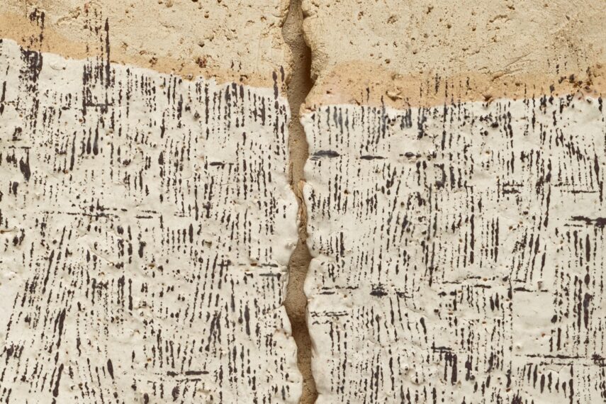 Cracked ceramic with textured pattern and straight lines.