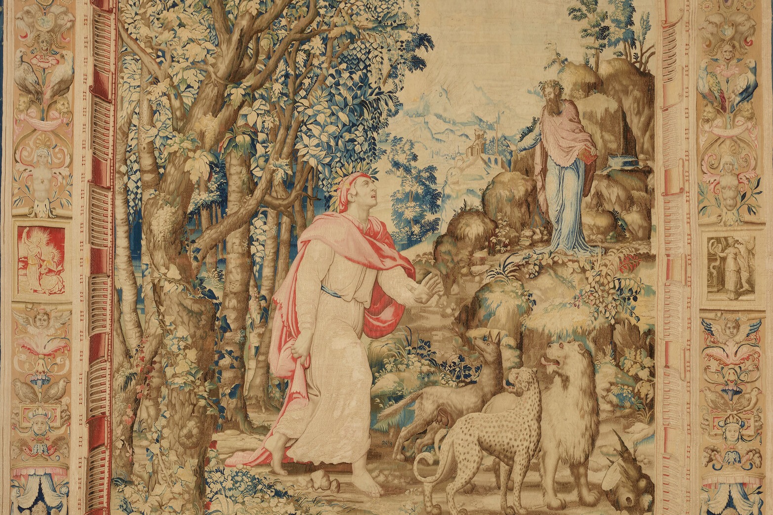 Medieval tapestry depicting people and animals in a forest setting.