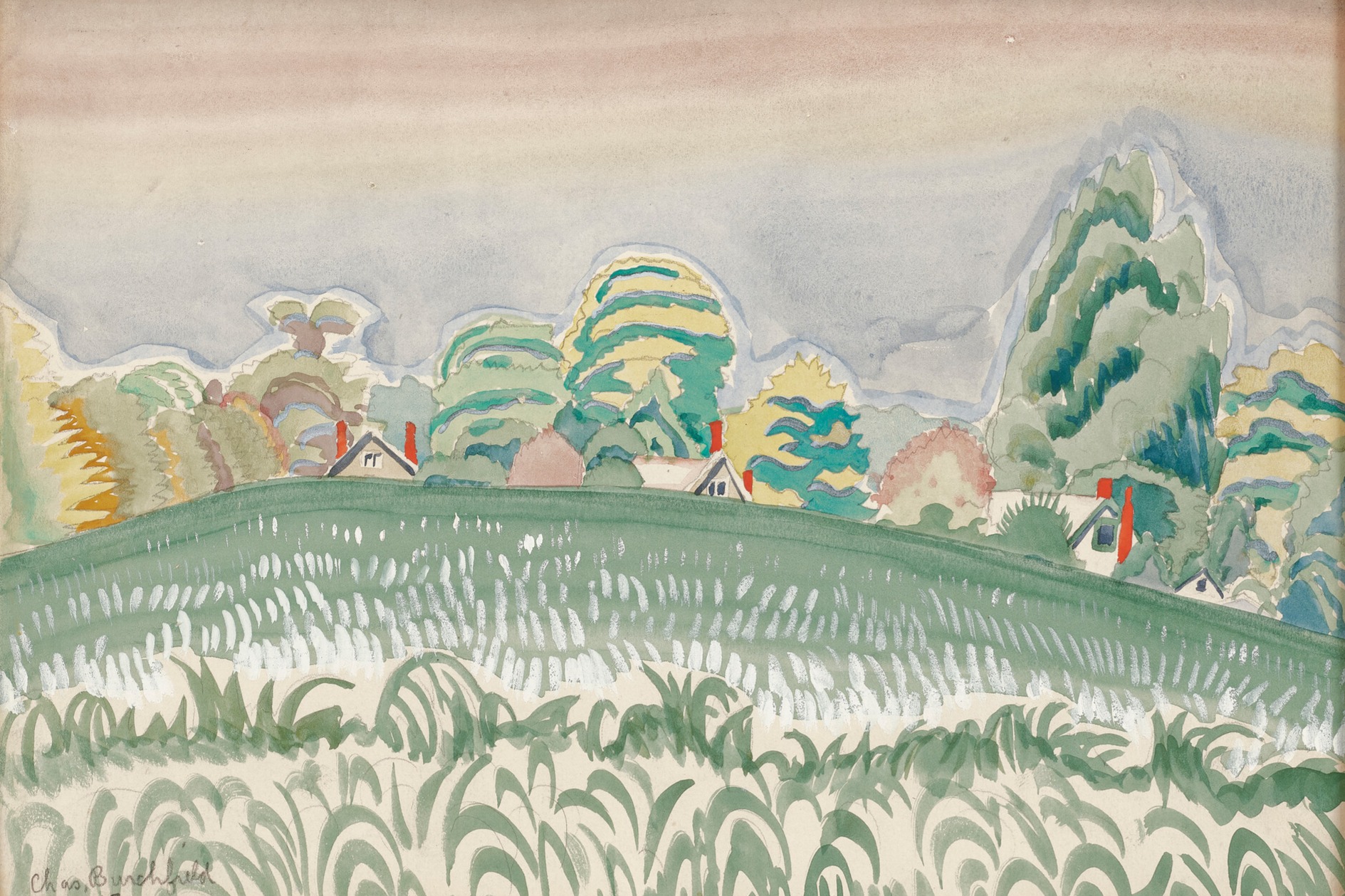 Painting of trees and houses on a hill with a cloudy sky.