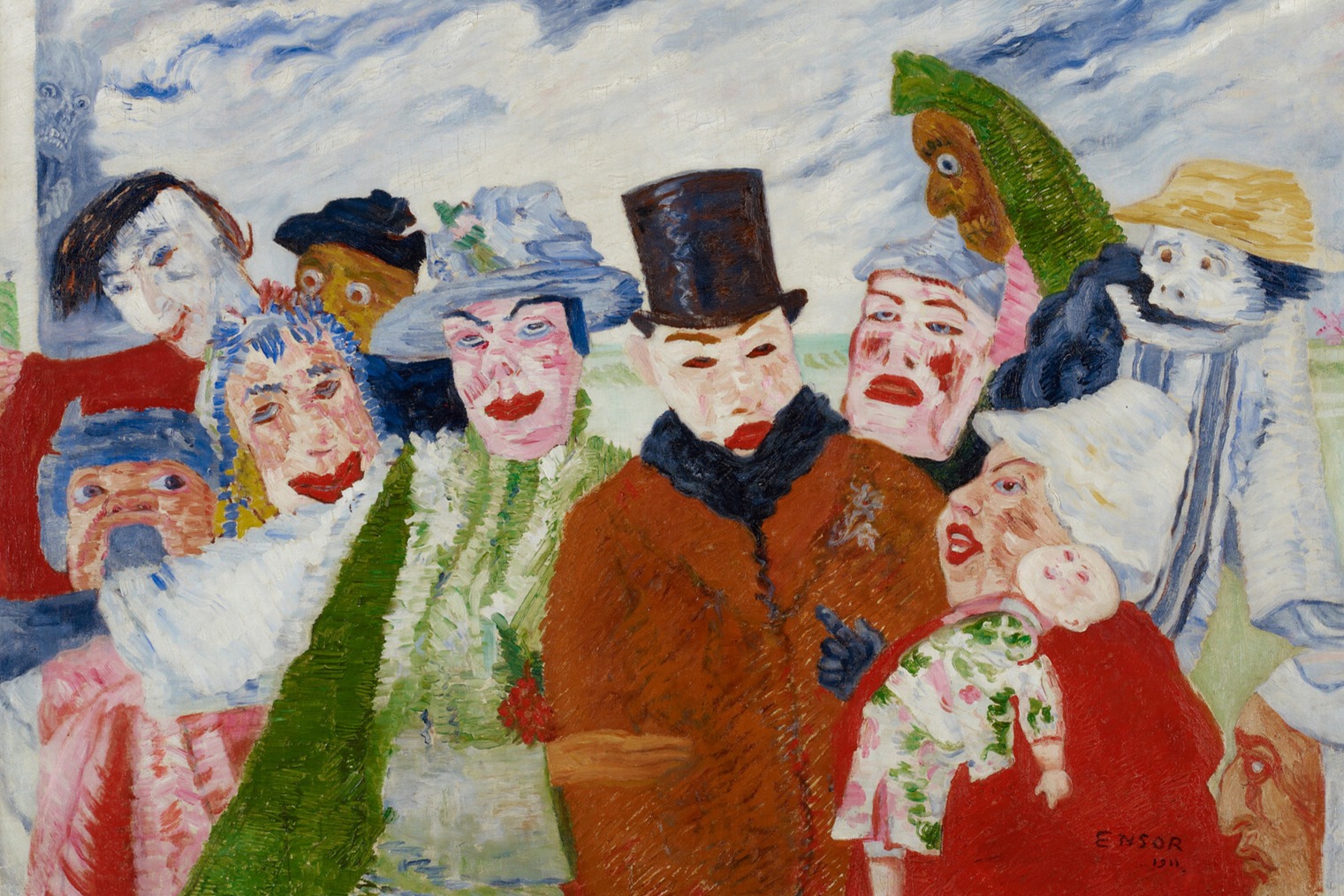 Painting of a group of people in elaborate clothing and masks.